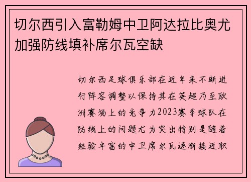 切尔西引入富勒姆中卫阿达拉比奥尤加强防线填补席尔瓦空缺