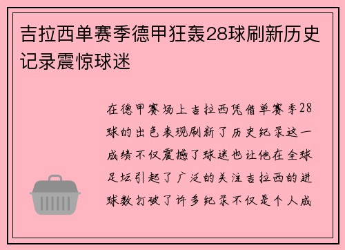 吉拉西单赛季德甲狂轰28球刷新历史记录震惊球迷